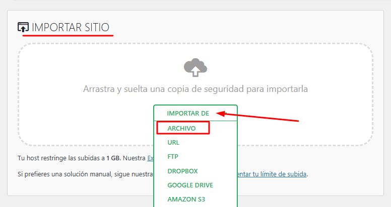 Importar backup en All-in-One WP Migration